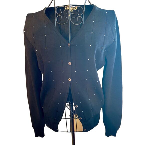 Belldini Black Embellished Button Front Studded Cardigan Sweater SZ Medium. VTG - Picture 3 of 6